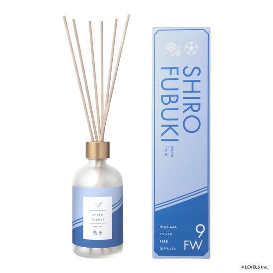 イナズマイレブン英雄たちのヴィクトリーロードの吹雪士郎をモチーフにしたルームディフューザー。左側にルームディフューザー、右側にパッケージの写真。
